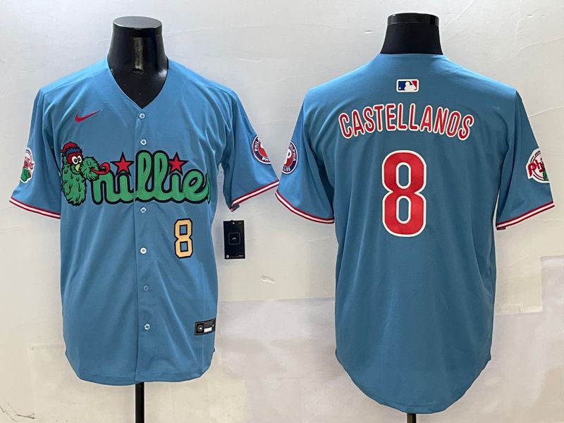 Men Philadelphia Phillies #8 Castellanos Light Blue three generations Joint Name Nike 2025 MLB Jersey style 3